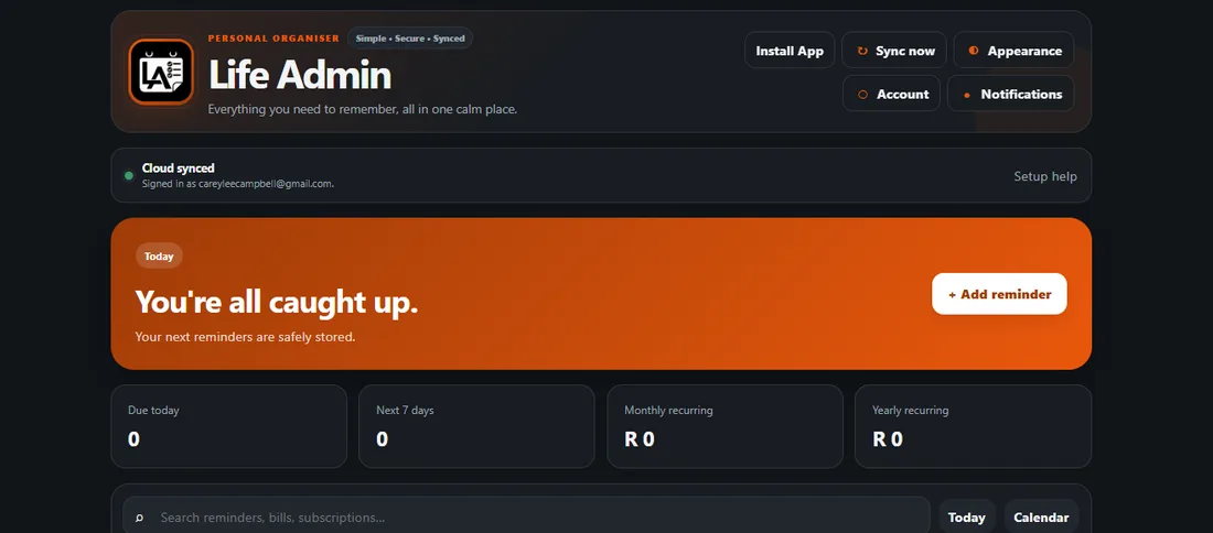 Life Admin App personal organiser dashboard