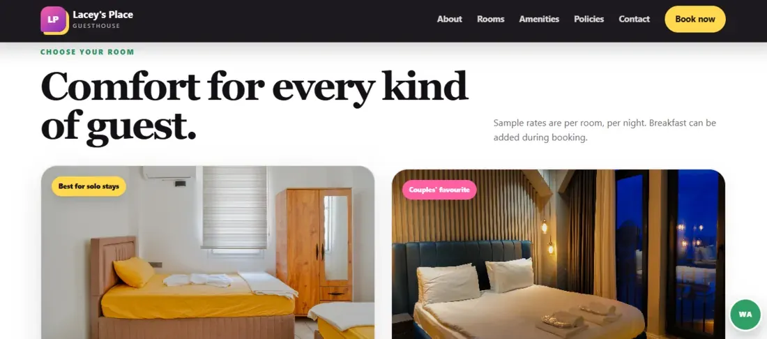 Lacey's Place guesthouse website showing room options